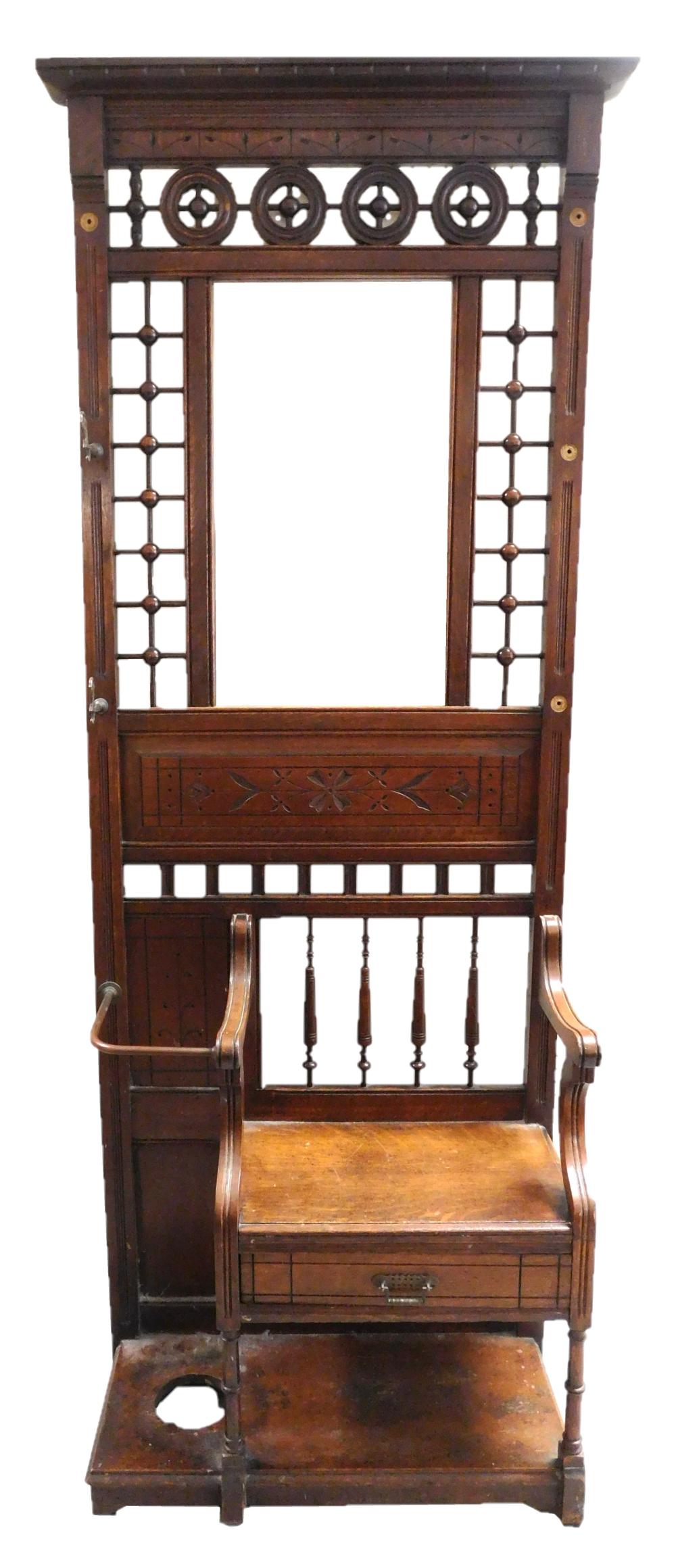 VICTORIAN HALL RACK WITH SEAT, OAK,