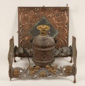 Victorian metal lamp, mirror,
