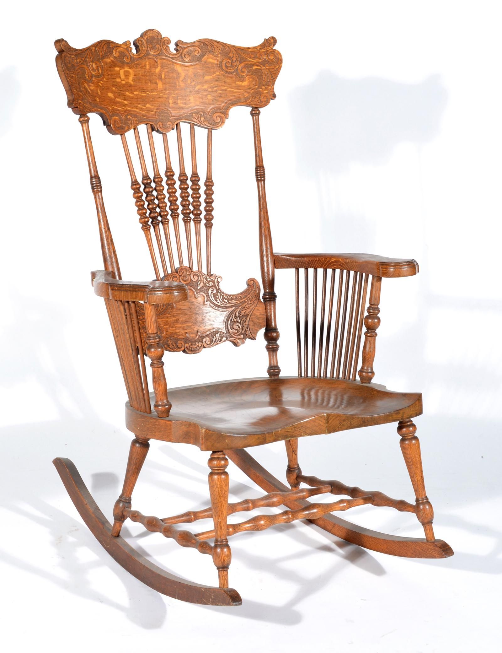 VICTORIAN OAK PRESSBACK ROCKER.