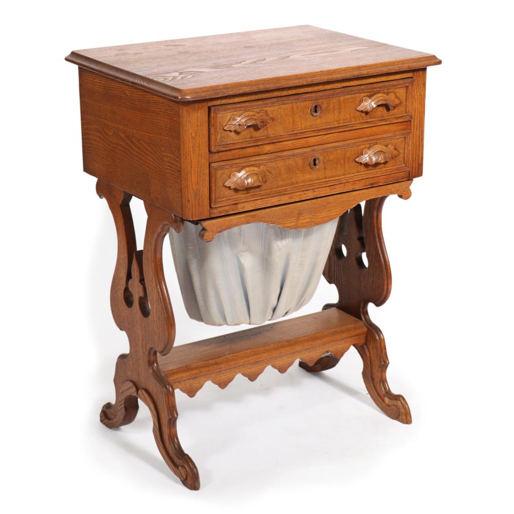 VICTORIAN OAK SEWING TABLE WITH TWO
