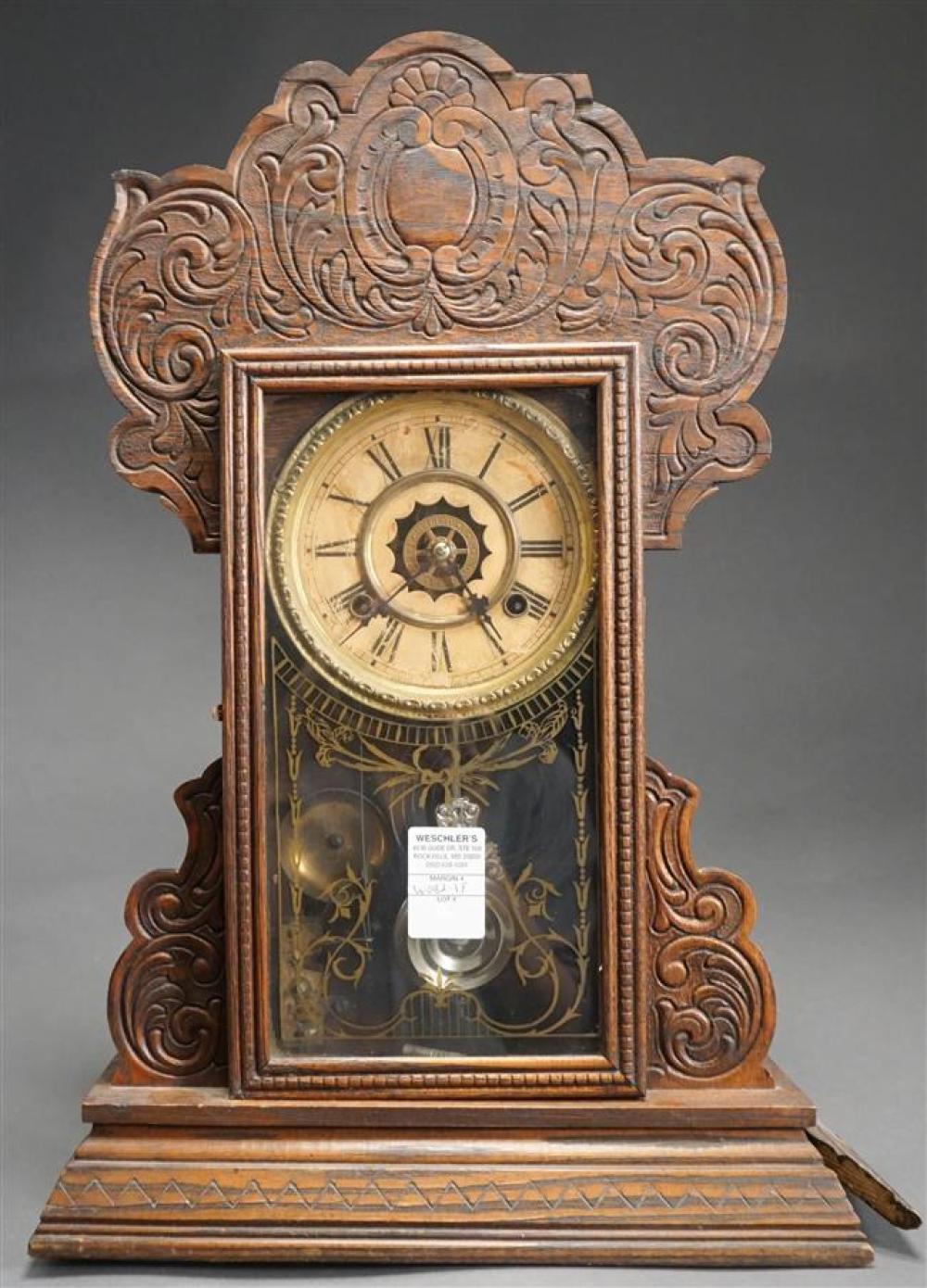 VICTORIAN PRESSED OAK MANTLE CLOCK,