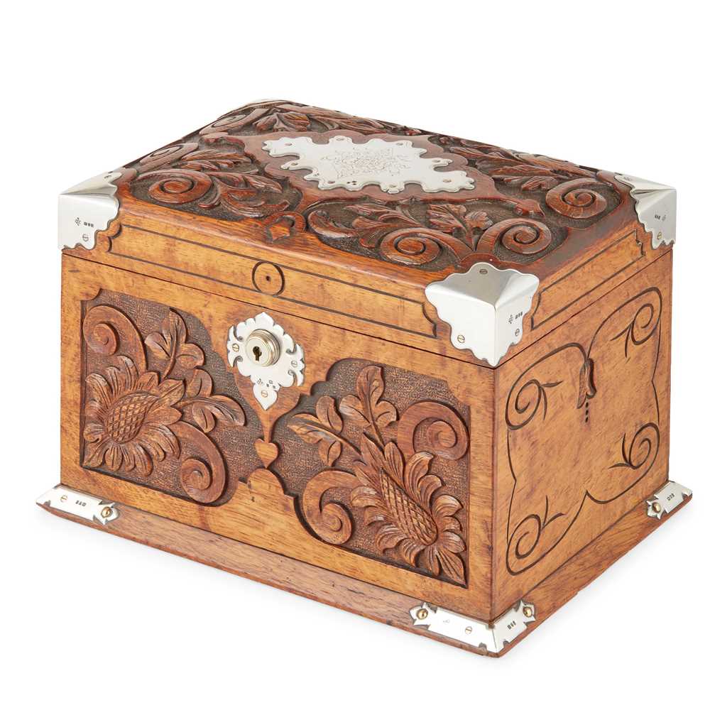 VICTORIAN SILVER MOUNTED CARVED OAK