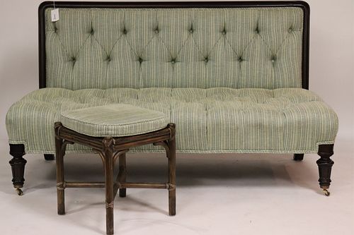 VICTORIAN WOOD UPHOLSTERED SETTEE &