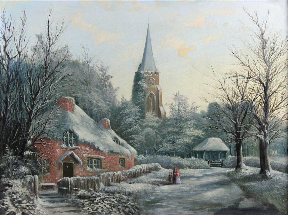 VILLAGE SCENE IN THE SNOW Oil on