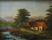 VILLAGERS BY A STREAM, OIL ON
