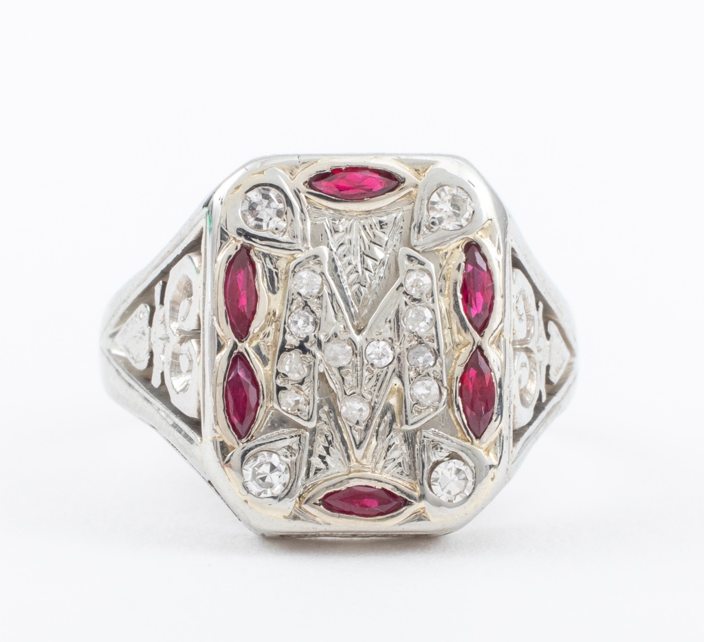 VINTAGE 14K WHITE GOLD RUBY &