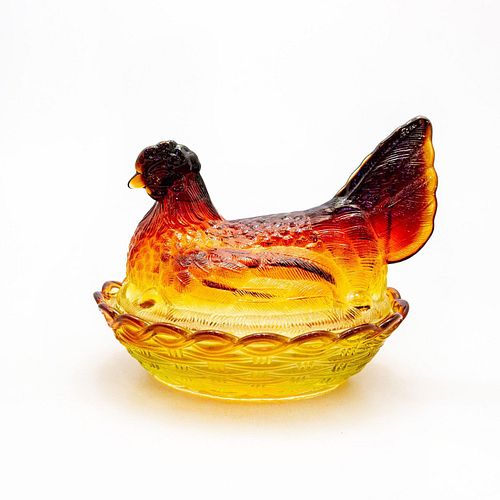 VINTAGE AMBERINA GLASS HEN ON