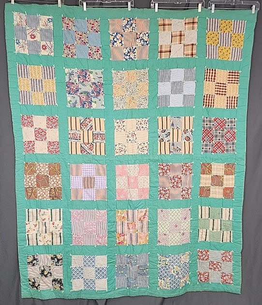 Vintage c1940 9 Patch Tied Quilt or
