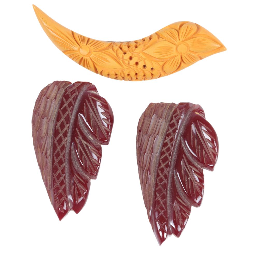 VINTAGE CARVED BAKELITE PIN AND TWO