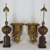 VINTAGE CARVED LAMPS AND WALL