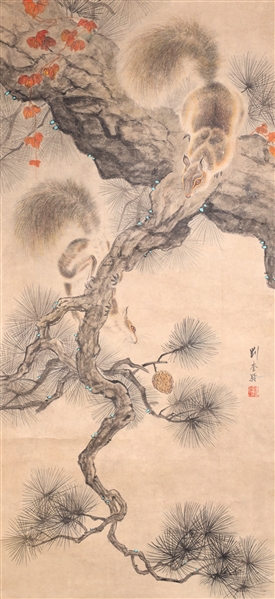 Vintage Chinese scroll, squirrels