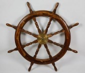 VINTAGE ELMWOOD AND BRASS SHIP