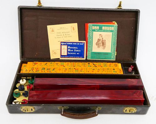 VINTAGE FAUX IVORY TILE MAHJONG SET