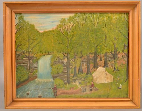 VINTAGE NAIVE OIL ON CANVAS CAMPING