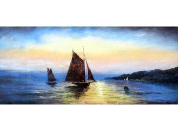 Vintage pastel, boats on shoreline,