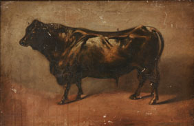 Vintage prize bull portrait; oil on