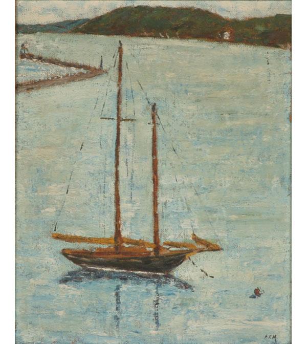 Vintage sailboat on water; oil on