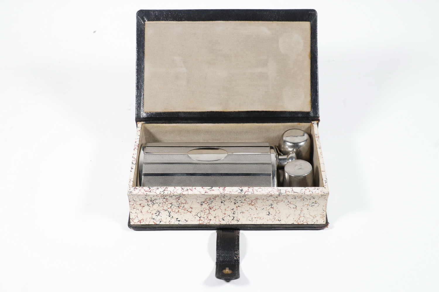 VINTAGE SILVER-PLATE FLASK SET IN