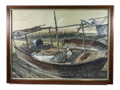 VINTAGE WATERCOLOR MOORED BOAT