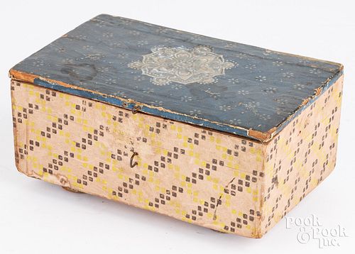 WALLPAPER COVERED SEWING BOX, EARLY