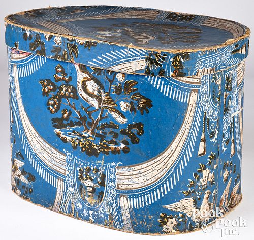 WALLPAPER HAT BOX, 19TH C.Wallpaper