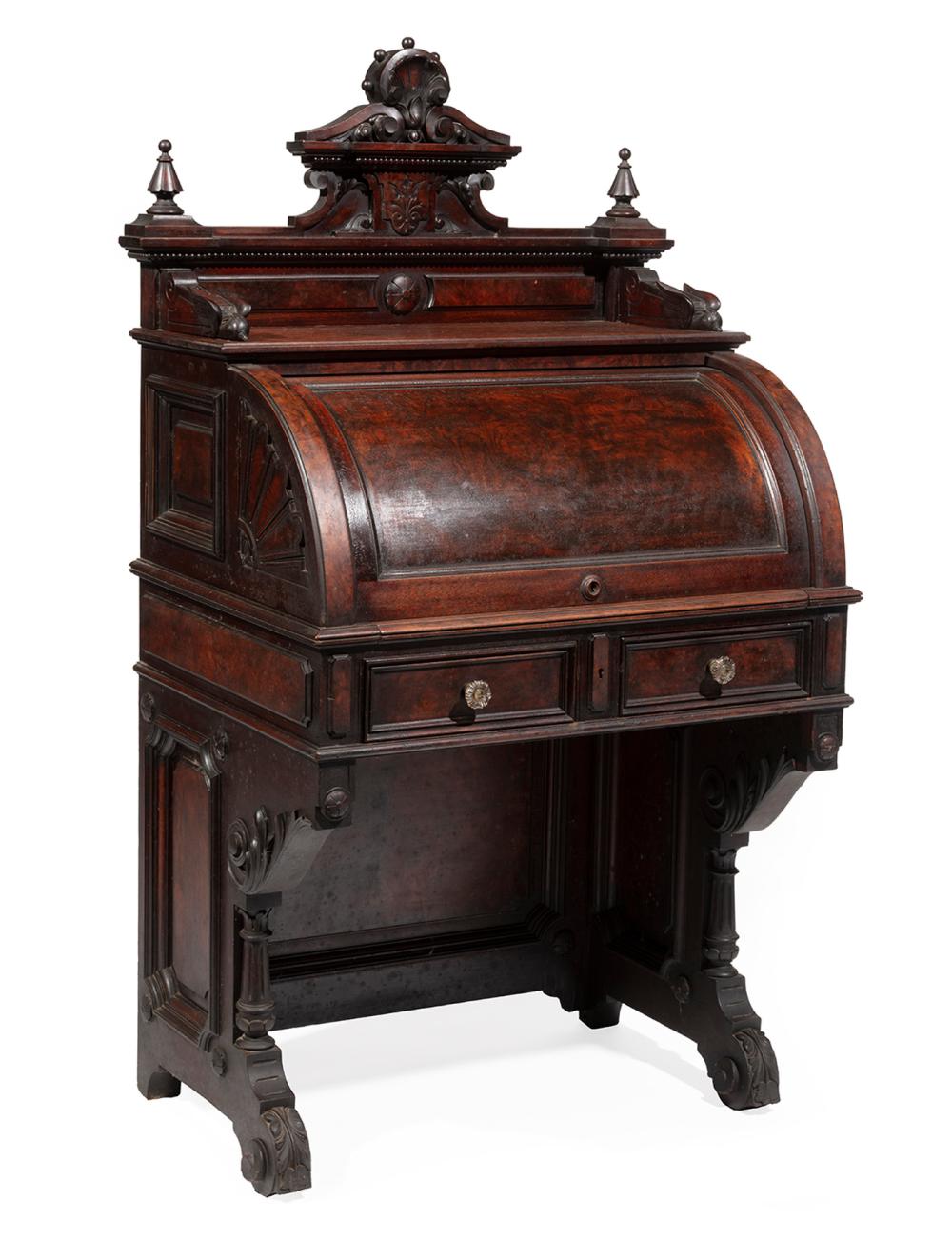 WALNUT AND BURL CYLINDER BUREAU,