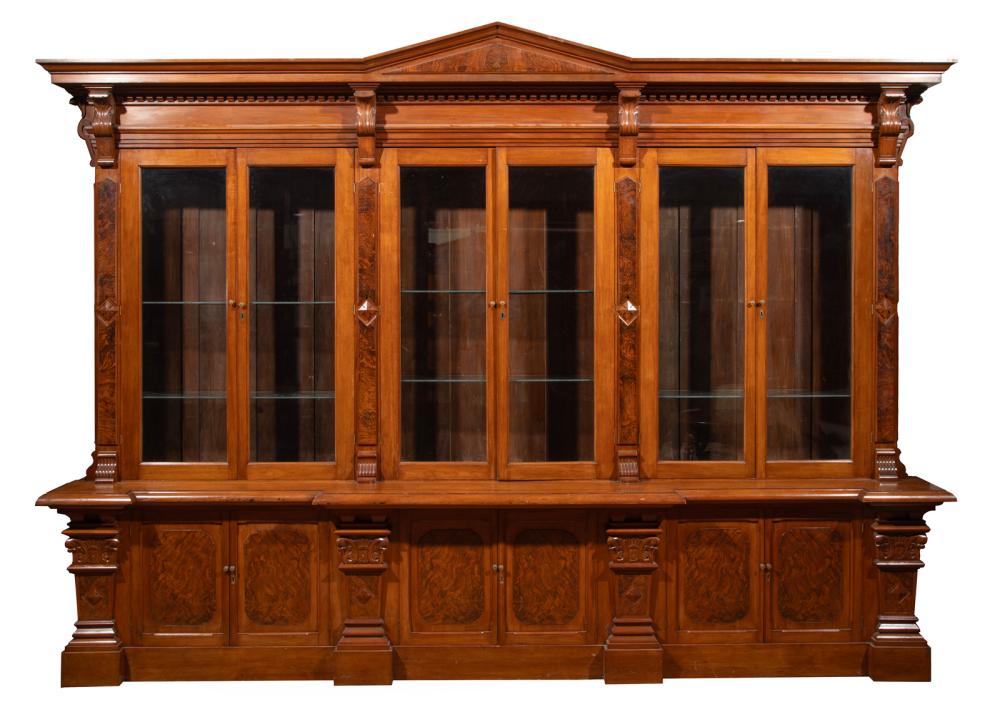 WALNUT BREAKFRONT BOOKCASE, ATTR.