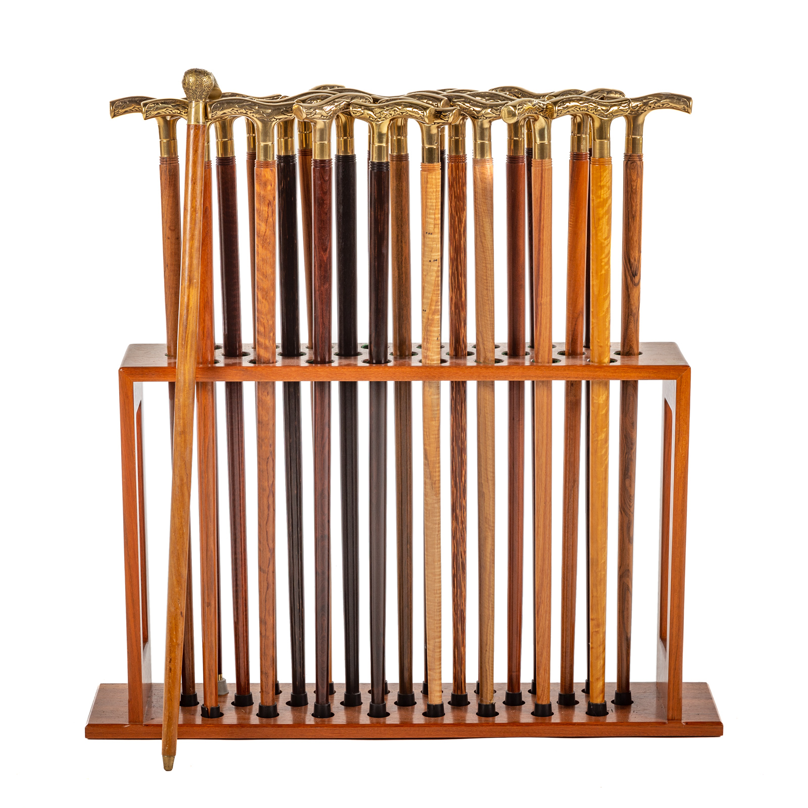 WALNUT CANE RACK WITH 25 CANES &