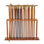 WALNUT CANE RACK WITH 25 CANES