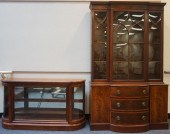 WALNUT LOW CURIO CABINET AND A
