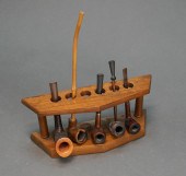 WALNUT PIPE RACK WITH PIPES AN