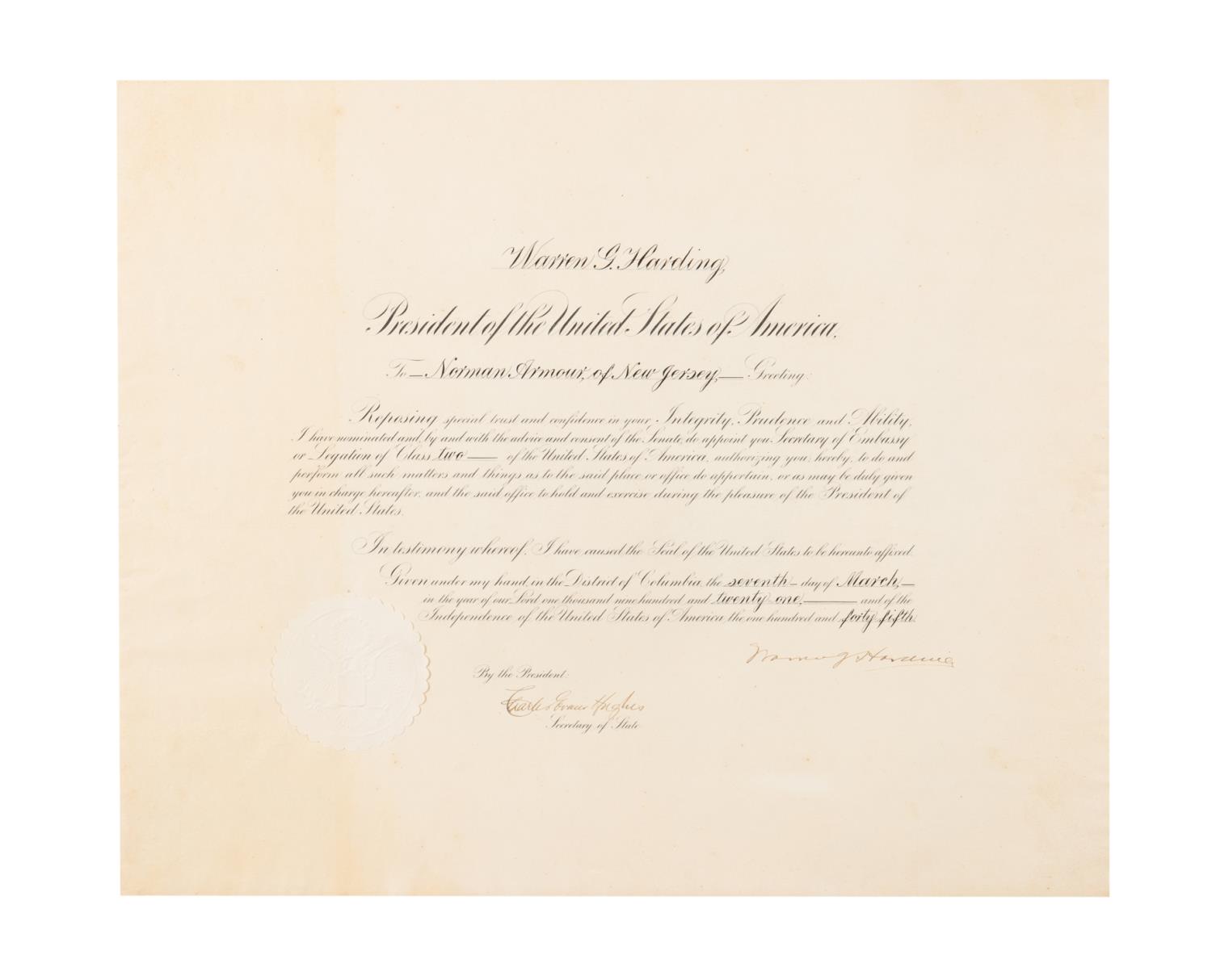 WARREN HARDING SIGNED APPOINTMENT