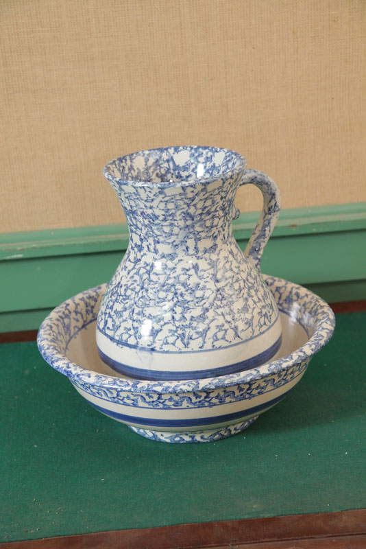 WASH BOWL AND PITCHER. Blue and
