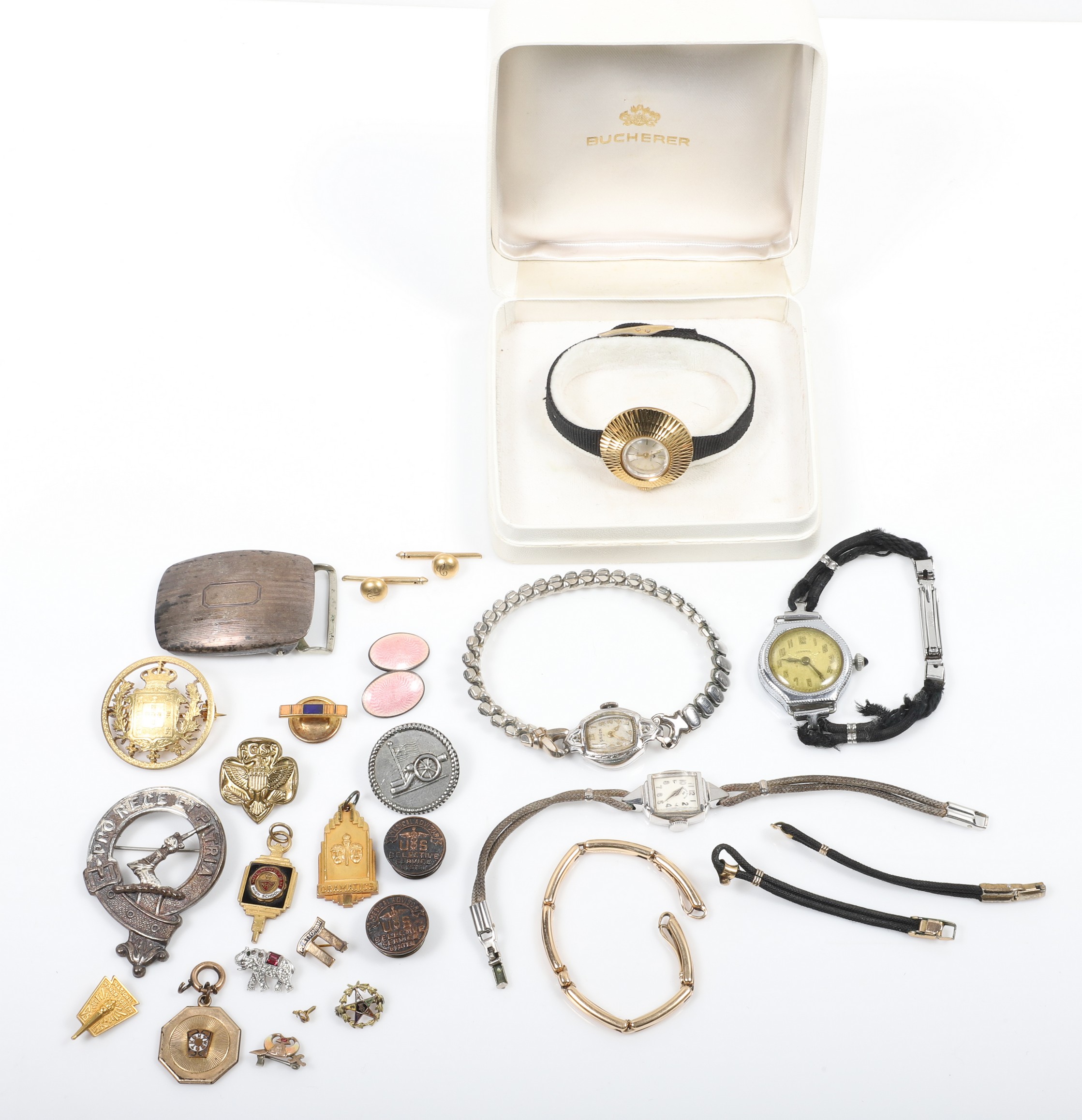 Watch, pin and belt buckle group to