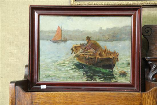 WATER SCENE WITH FISHERMAN. Oil