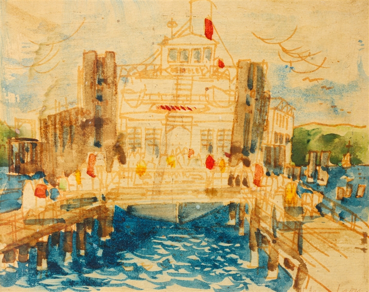 Watercolor, attributed, ship at