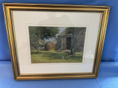 WATERCOLOR, BARNYARD SCENE, F.