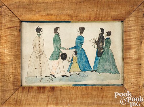 WATERCOLOR FOLK ART MARRIAGE SCENE,