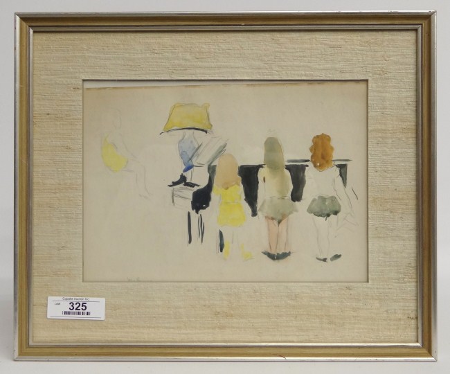 Watercolor girls next to piano