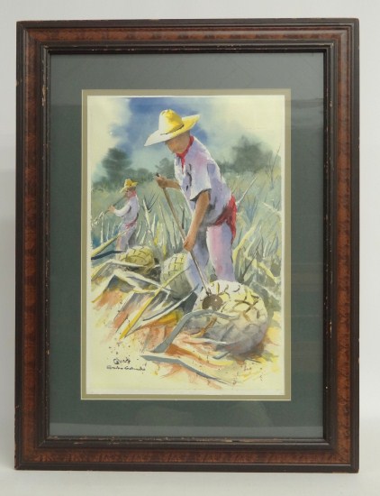 Watercolor men working signed