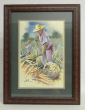 Watercolor men working signed