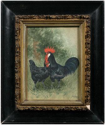 Watercolor of chickens, black