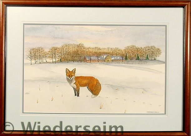 Watercolor painting of a fox in a