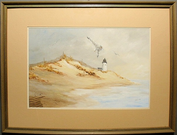 Watercolor painting of a lighthouse