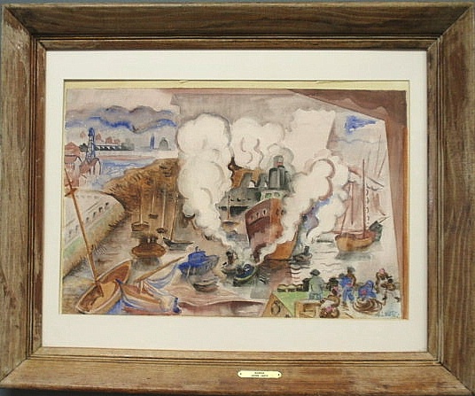 Watercolor painting of boats titled