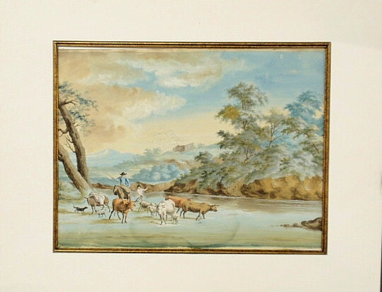 Watercolor painting of cattle goats