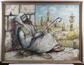 WATERCOLOR, RABBI AT REST IN T