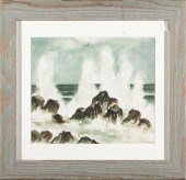 WATERCOLOR, WAVES ON A ROCKY C