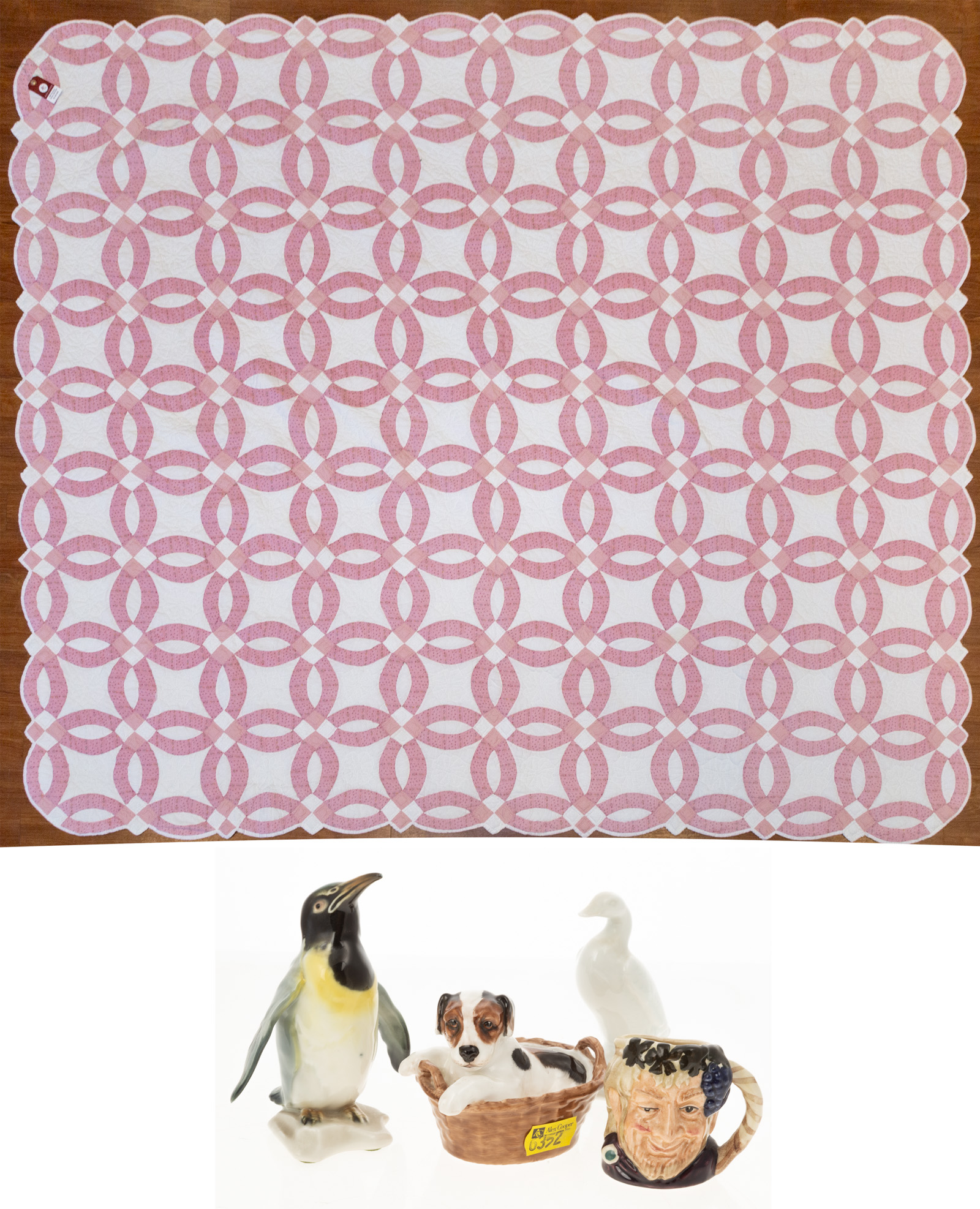 WEDDING RING QUILT & FOUR FIGURINES