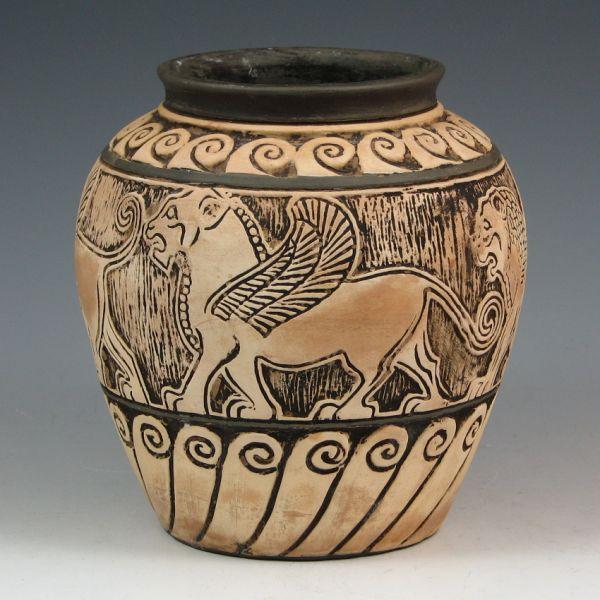 Weller Burntwood vase with griffins